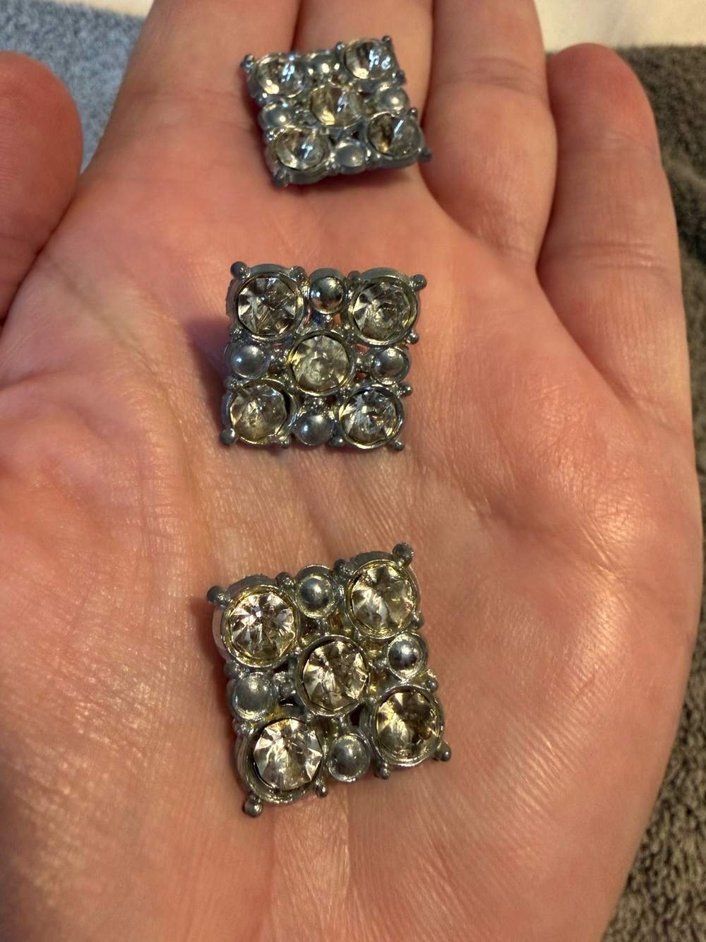 Vintage Silver-Tone Crystal Square Stud Buttons with Clear Stones